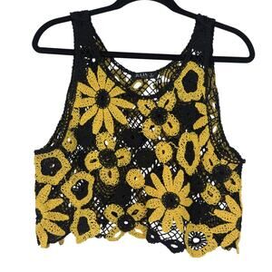 Julia by love J Black Yellow Floral Crochet Cropped Tank Top Women's Large Y2K